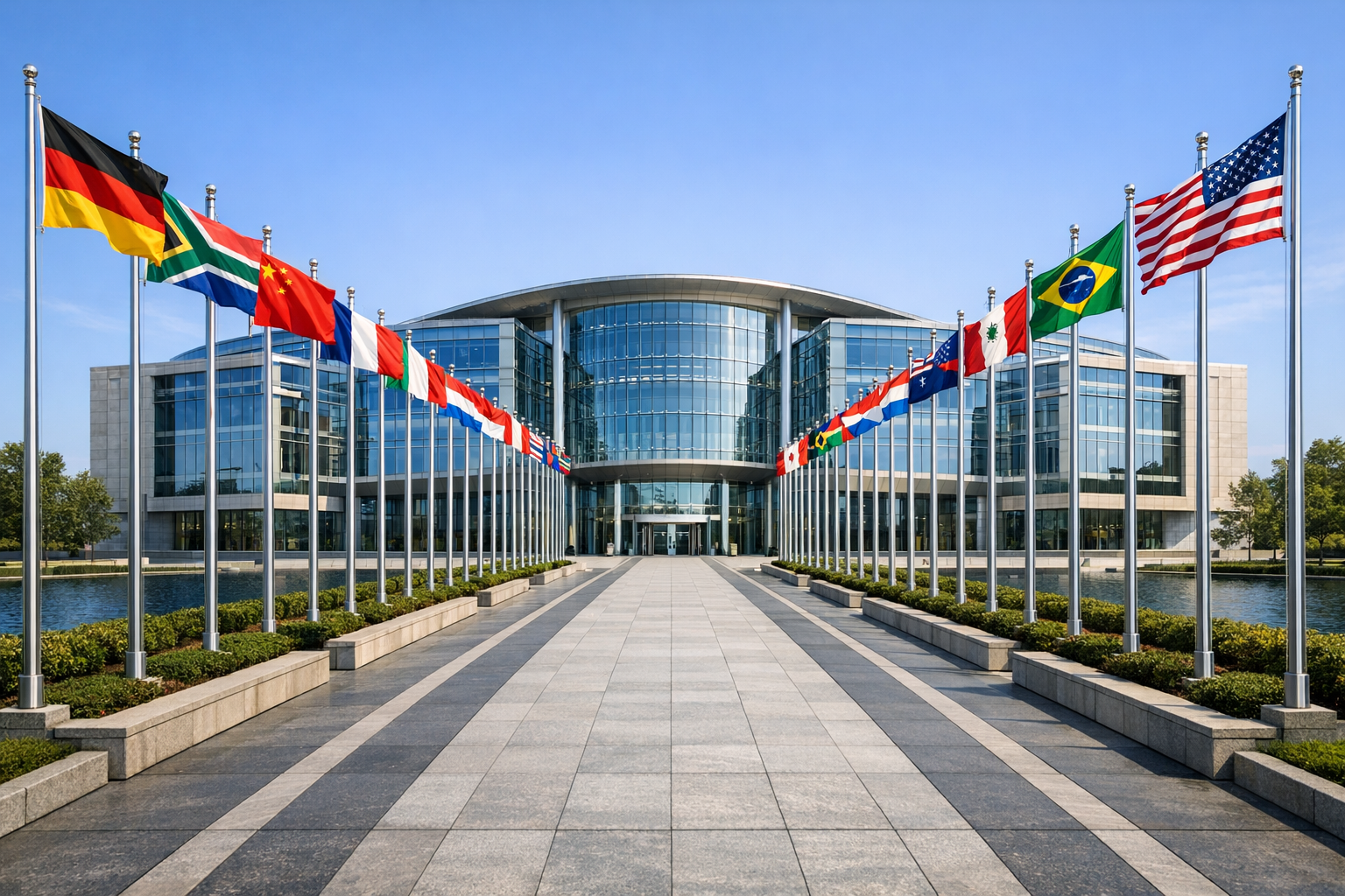 International flags before a modern democratic institution — global governance of, by, and for all the world's people