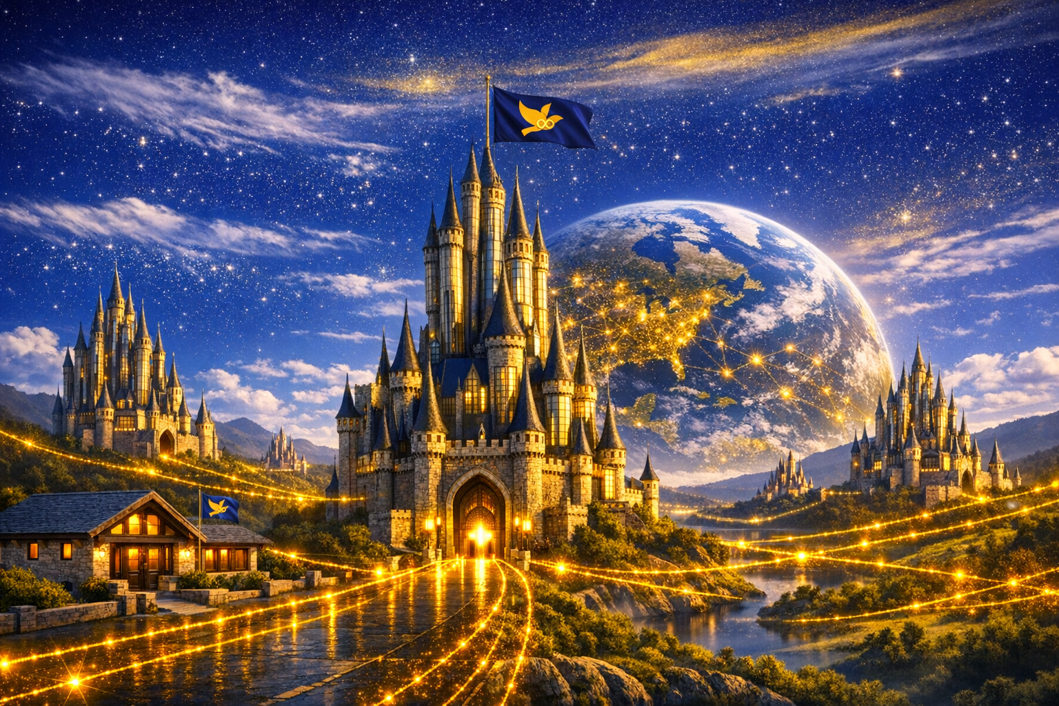 A vision of the AI-Powered Wellbeing Society — golden castles connected by luminous paths